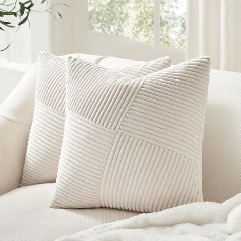 Housse Coussin 40x40cm Crème Blanc en Velours Côtelé Super Doux, Lot de 2 Housse Coussin Decoratif Canape Motif à Rayures Patchwork (1/4)