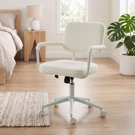 Chaise Bureau Ergonomique Tissu Bouclette, Hauteur Réglable, Bascule, Crème (1/5)