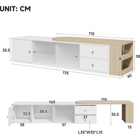 Mobile TV basso con illuminazione a LED, allungabile, 2 cassetti + 2 ante scorrevoli in vetro + 1 vano con armadietto, credenza TV con spazio contenitore, ripiano laterale, moderno, bianco e legno, 17 (1/5)