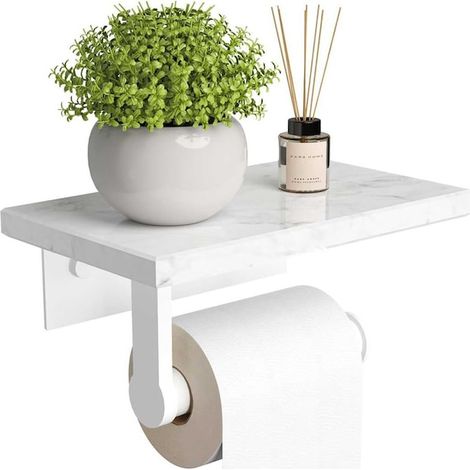 Selbstklebender Toilettenpapierhalter zur Montage mit Schrauben oder Klebstoff ohne Bohren, Ablage für Handy, Servietten oder andere Accessoires, modernes und elegantes Design, Ablage aus weißem Marmo (1/5)