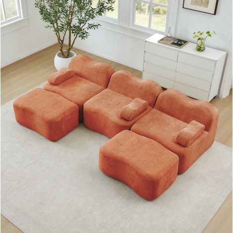 Sofá modular en U de 3 plazas de terciopelo naranja con 2 otomanas DESVIAE (1/5)