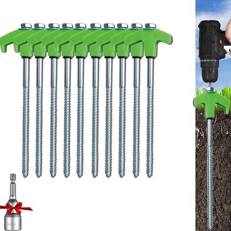 Ecleanfy - Fixations à vis de 20 cm pour tentes - Vis d'ancrage au sol, piquets de tente, 10 clous de tente filetés en métal avec tête hexagonale (vert) (1/5)