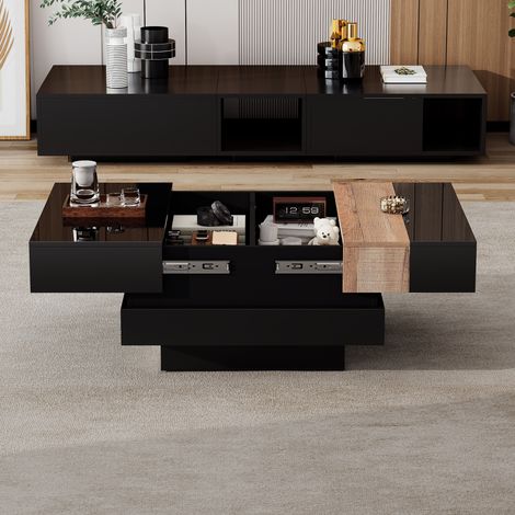 Table basse carrée 70x70x39 cm extensible avec rangement caché,design bicolore. Finition brillante,noire en MDF pour le salon moderne. (1/5)