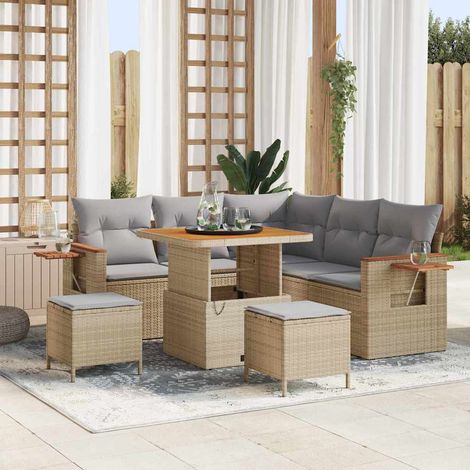 Gartensofa-set mit Kissen 9 pcs Beige und Hellgrau Poly-Rattan (1/5)