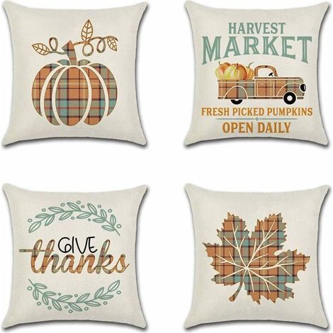 Lot de 4 housses de coussin décoratives 45 x 45 cm, housses de coussin en lin polyester thème automne oreiller (1/5)