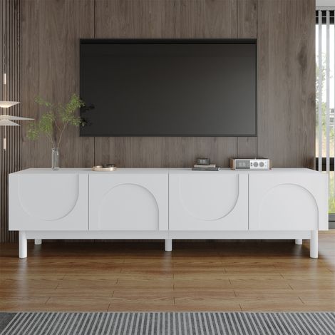 Meuble TV bas 169x34x45.5 cm avec 4 portes ondulées-étagères-pieds stabilisateurs-panneaux de particules et MDF-Blanc (1/5)