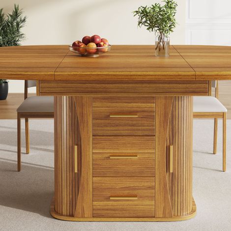 Table extensible ronde en noyer, 118-158 cm, se transforme en ovale, table de salle à manger et de cuisine, rangement 3 niveaux, convient jusqu'à 6 personnes. (1/5)