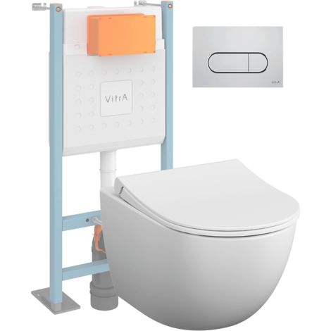 Pack WC suspendu VitrA Sento blanc mat + bâti autoportant V-Fix Core + Plaque Round chromé