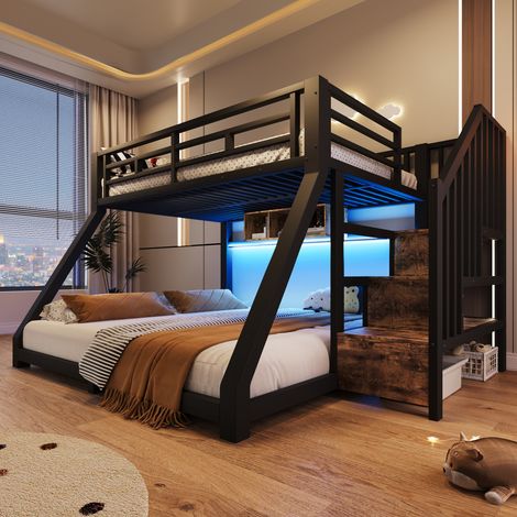 Lit superposé, 90 x 200 cm x 140 x 200 cm, avec éclairage LED, trois compartiments de rangement, escalier avec espace de rangement, rambarde, marche, certifié EN747, lit enfant avec barrière (1/5)