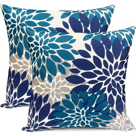 BEBUSINGOTO Lot de 2 housses de coussin décoratives bleues 45 x 45 cm, taies d'oreiller carrées en lin, style ferme, extérieur, moderne, floral (1/5)