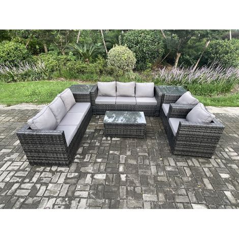 Fimous Wicker PE Rattan Sofa Set Outdoor Patio Garden Furniture with 2 Armchairs Oblong Coffee Table 2 Side Tables Dark Grey Mixed (1/4)