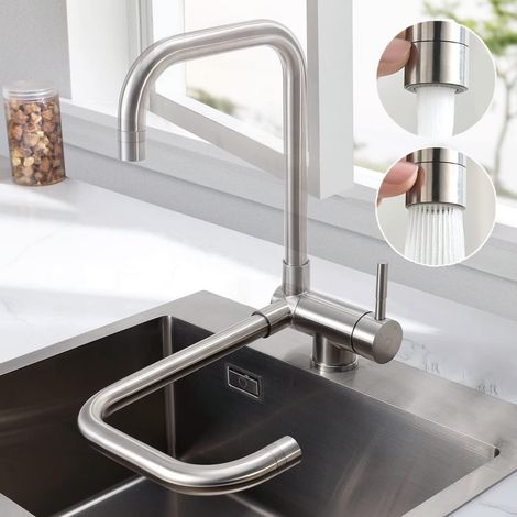Mitigeur de cuisine rabattable, robinet pliable 2 modes de jet, mitigeur sous fenêtre rotatif 360° et inclinable 180°, finition acier brossé argent (1/5)