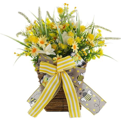 Künstlicher Blumenkorb mit Schleife und Biene, ideal für Frühling und Sommer. Wanddekoration für Zuhause. (1/2)