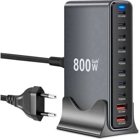 GaN III 10-in-1 800W USB-C Schnellladegerät mit 8 USB-C-Anschlüssen + 2 USB-A-Anschlüssen, Power Delivery, USB-C Ladestation für MacBook Pro/Air, iPhone, iPad, Samsung Plus (1/5)