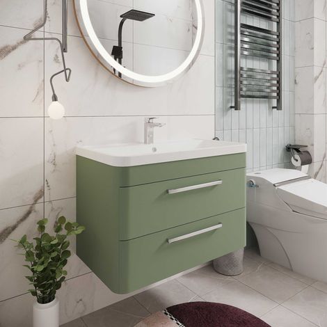 Hudson Reed Solar Matt Fern Green 800mm Wall Hung 2 Drawer Vanity Unit and Ceramic Basin - SOL804A (1/5)