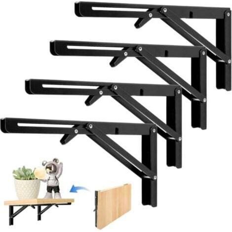 4 Pièces Support d' Étagères Pliable, 300mm Équerre Pliante Noir Support Console Pliants, Murale Supports Pliante, Pour Table Etagere Murale Garage Cuisine Chambre Bureau, Gain de place (1/4)
