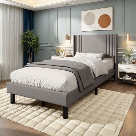 Cama infantil 90x200 cm, Estructura de cama 90x200 cm, Cama individual, Cama para una persona, Cama tapizada en lino, Somier de lamas, Almacenamiento, Gris (1/5)