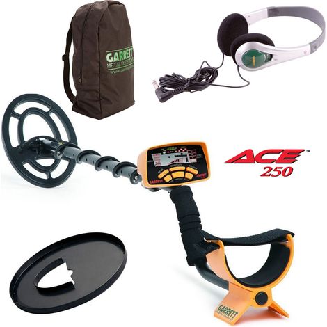Détecteur de métaux Garrett ACE 250 – Alimentation 4 piles LR6 1.5V – Autonomie 35H – Disque concentrique 22x16cm