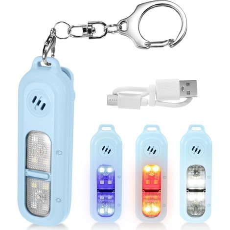 Sirena de defensa personal, 130 decibelios, con luz estroboscópica, recargable, azul, con llavero, 1 unidad.