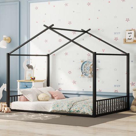 Cama infantil 140x200 cm negra de metal con estructura en forma de casa (1/5)