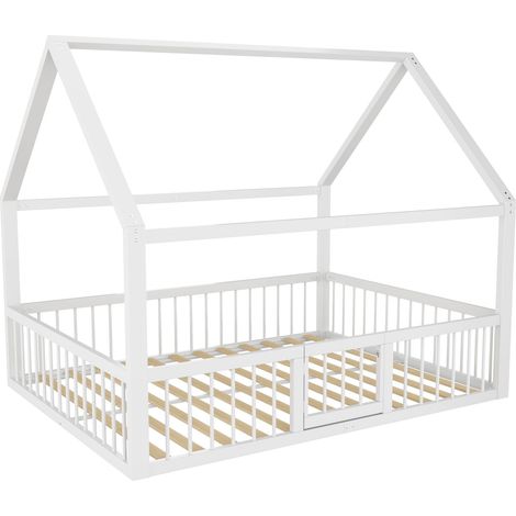 (=WX00557AAK) Lit plat, lit en métal, 140 x 200 cm, cadre de lit en métal, lit en fer, lit d’enfant, sans matelas, décorations maison, garde-corps, blanc (1/5)