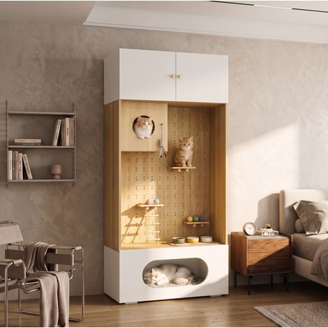 MODFU – Armoire pour chat 90x50x200 cm panneaux particules – Mur d'escalade, niche et couchage – Rangement et charge – Chambre – Blanc/bois (1/5)