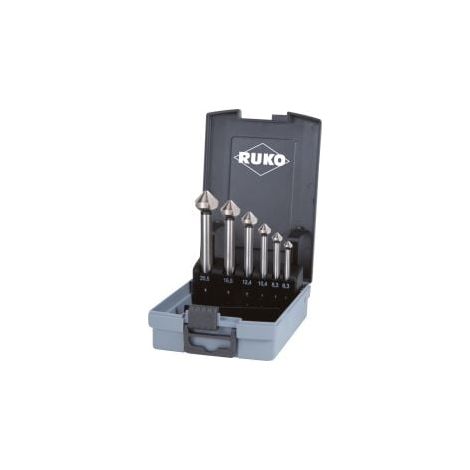 RUKO Jeu de fraises coniques et ébavureuses DIN 335 Forme C 90° HSS avec long queue cylindrique en cassette plastique ABS - 6 pièces - 102158RO