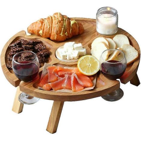 Table de pique-nique pliante portable en bois avec porte-verres à vin (1/5)