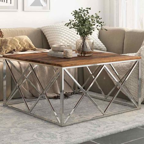 vidaXL Table basse argenté inox et bois de mélèze massif (1/5)