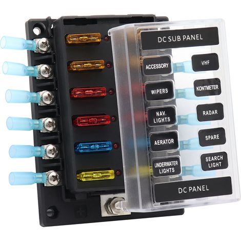 Boîte à fusibles 12 voies avec porte-fusibles à lames, 12 circuits, bornes à vis, barre omnibus positive/négative, fusibles 5A, 10A, 15A et 20A inclus, indicateur LED, couvercle étanche pour voiture,