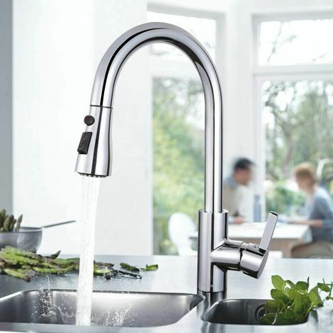 Robinet de cuisine, mitigeur de cuisine, tuyau avec douchette extractible et pulvérisation à 3 modes et pause intelligente, mitigeur de cuisine sans nickel et sans plomb (1/4)