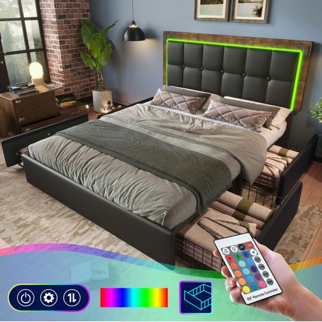 Cama tapizada 160/200 cm negra de PU con LED, 4 cajones y cabecero regulable (1/5)