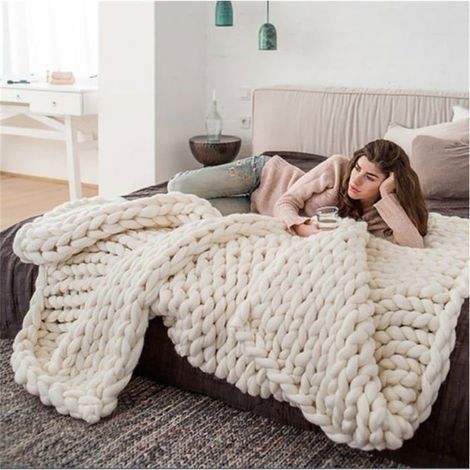 1 pièce couverture en tricot épais, laine naturelle, fait main — douce et légère — idéale pour canapé ou lit