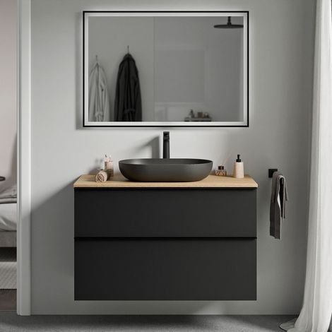BERNSTEIN - Meuble sous vasque suspendu salle de bain MDF Noir mat, plan vasque Chêne miel, poignée métal Anthracite mat - 100x46x62cm - LAVOA Noir mat, Anthracite mat, Chêne miel doré