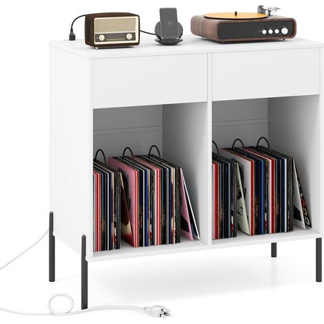 COSTWAY Record Player Stand Double Wide Turntable Stand w/ Power Outlets-White (1/5)