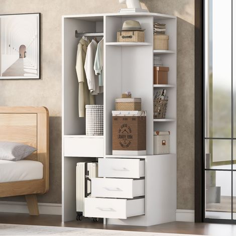 Armario de Ropa con 1 Puerta, Cajones, Estantes Abiertos y Barra, para Dormitorio, MDF, Blanco, 70 × 55 × 175 cm (1/5)