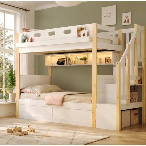 Litera infantil de pino blanco 90x200 cm con escalera de almacenaje y LED OKWISH (1/5)
