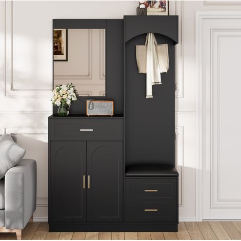 Armadio ingresso 110x33x185.5 cm con specchio, scarpiera, appendiabiti nascosti, ripiani regolabili, MDF nero (1/5)
