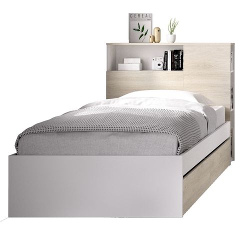DEKIT TEN - CAMA CON CABEZAL Y ARO DE CAMA DE 90X190 CON DOS CAJONES - BLANCO / NATURAL - 96 x 99 x 218,2 (1/4)
