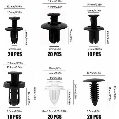 100Pcs Rivet Clips Plastique, Clips Voiture Attaches de Pare Chocs Clips à Rivets, Rivets Plastiques Fixation de Protection avec différentes formes et tailles (1/3)