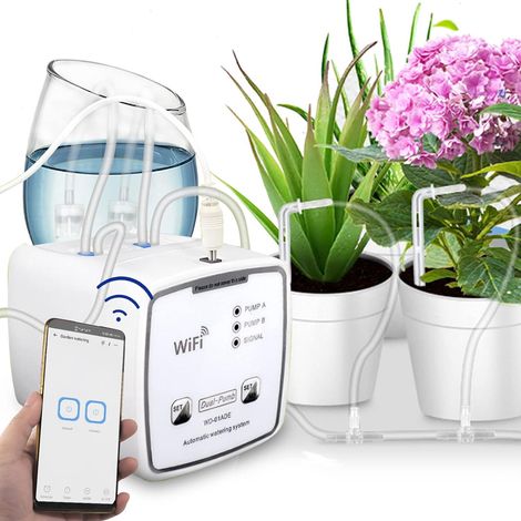 Bewässerungsset mit WLAN-Fernbedienung, automatisches Bewässerungssystem für bis zu 20 Topfpflanzen, automatische/manuelle/verzögerte Bewässerung per App steuerbar (weiß) (1/5)