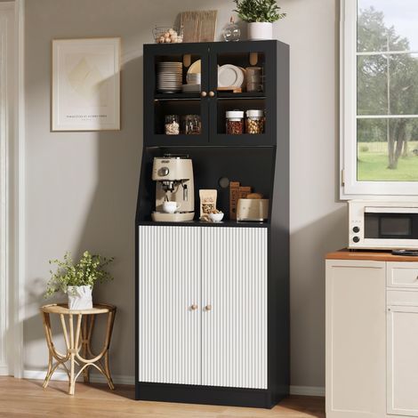 Credenza 70x40x180 cm, mobile da cucina con 2 porte piene e 2 porte in vetro, ripiani regolabili, piano di stoccaggio aperto, striscia LED - Nera