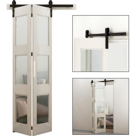 Kit de quincaillerie pour porte de grange Kit de quincaillerie for porte de grange coulissante bi-pliante, Kit de rails à rouleaux robustes for 2 portes, facile à installer en douceur et en silence, s (1/5)