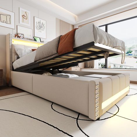 Lit enfant capitonné 90x200cm avec éclairage LED et prise USB, tête de lit avec étagères et espace de rangement, mécanisme de levage hydraulique, lit simple, tissu lin beige, garantie 2 ans (1/5)