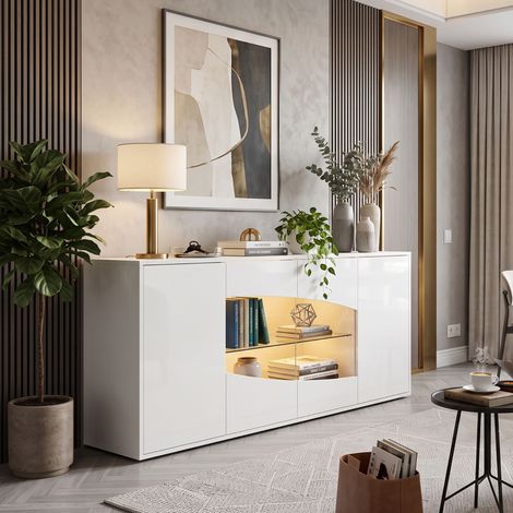 Creahappy Enfilade 160x35x70 cm avec LED RGB - Grand Rangement Salon Buffet 4 Portes Verre Trempé - Blanc Laqué Moderne