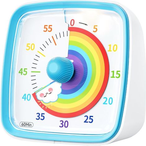 Minuteur visuel pour enfants et adultes – Compte à rebours de 60 minutes avec fonction flash silencieuse – Motif Arc-en-ciel (Bleu) (1/5)