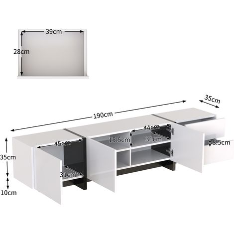 Meuble TV bas design épuré, pieds bicolores blanc/noir brillant, rangement avec portes et tiroirs, étagères intégrées, finition laquée, style linéaire moderne. (1/5)