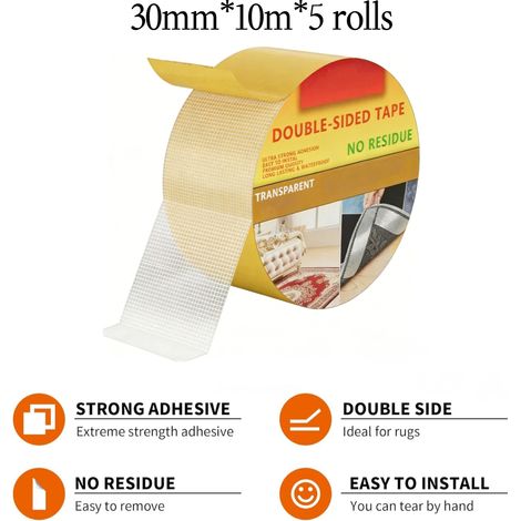 Ruban adhésif double face pour tapis, sans résidus, antidérapant, convient aux paillassons, tapis et couvertures, 30 mm x 10 m x 5 rouleaux. (1/5)