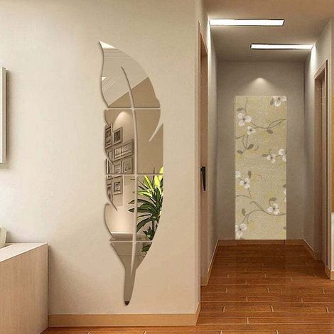 Miroir acrylique 3D - Décoration murale - En forme de plume - Décoration murale autocollante ,7318cm, argentée-Crezuo