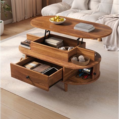 Table basse relevable ovale 105x50 cm en MDF avec rangements, tiroir et portes coulissantes, noyer (1/5)